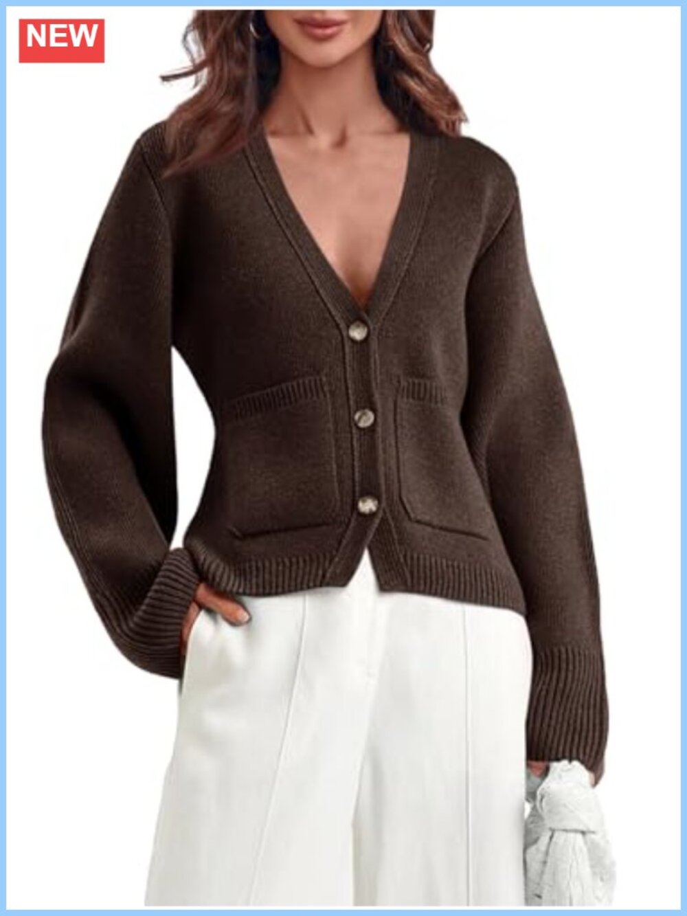 Deep V Neck Button Down Cropped Cardigan Sweater with Pockets